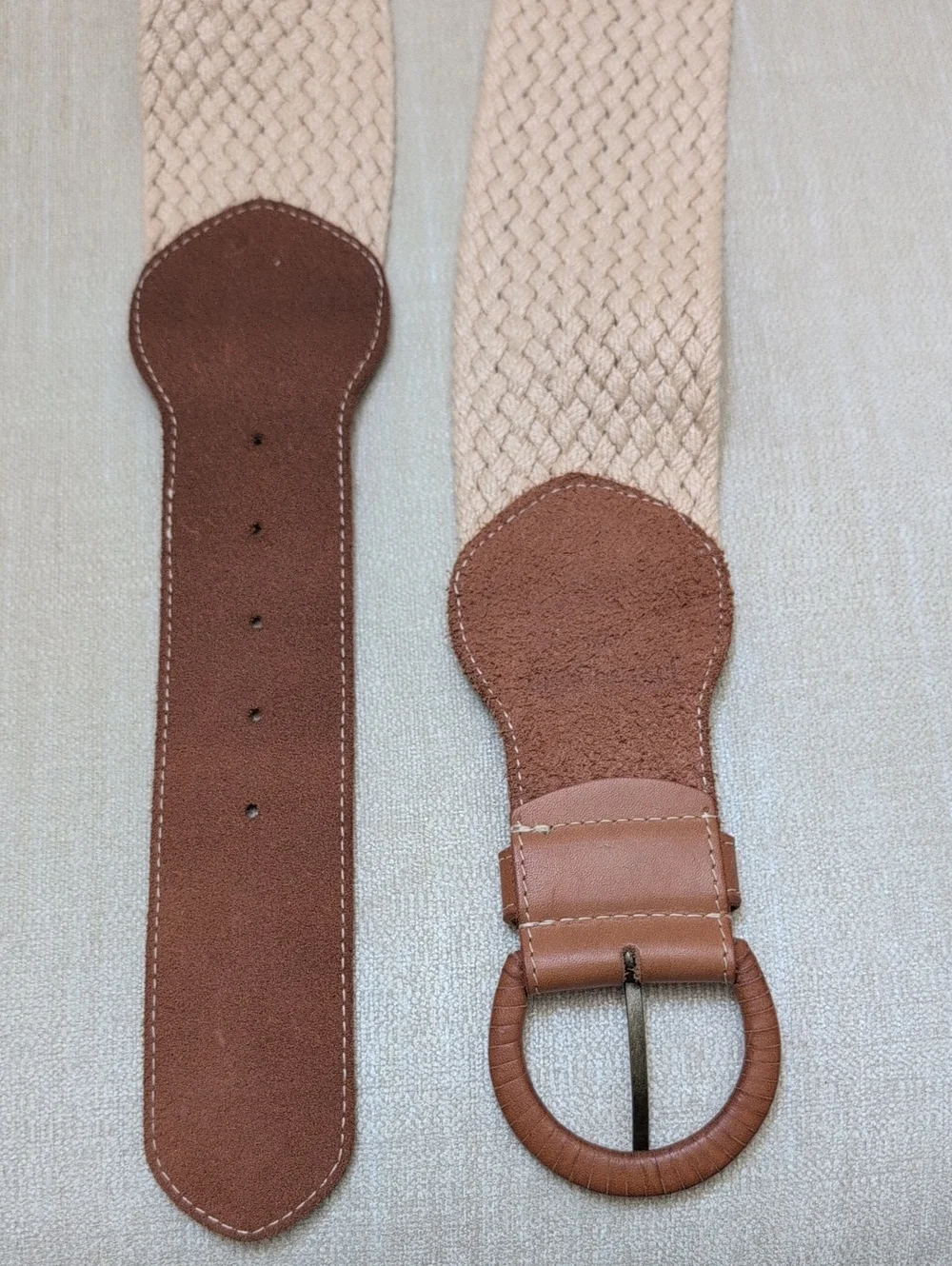 J. McLaughlin Brown Leather-Trim Wide Woven Belt Coastal Preppy Size L/XL